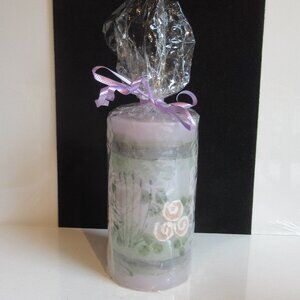 Stylized Flowers on Violet Pillar Candle, Hand Painted, Helen Radok, Nature
